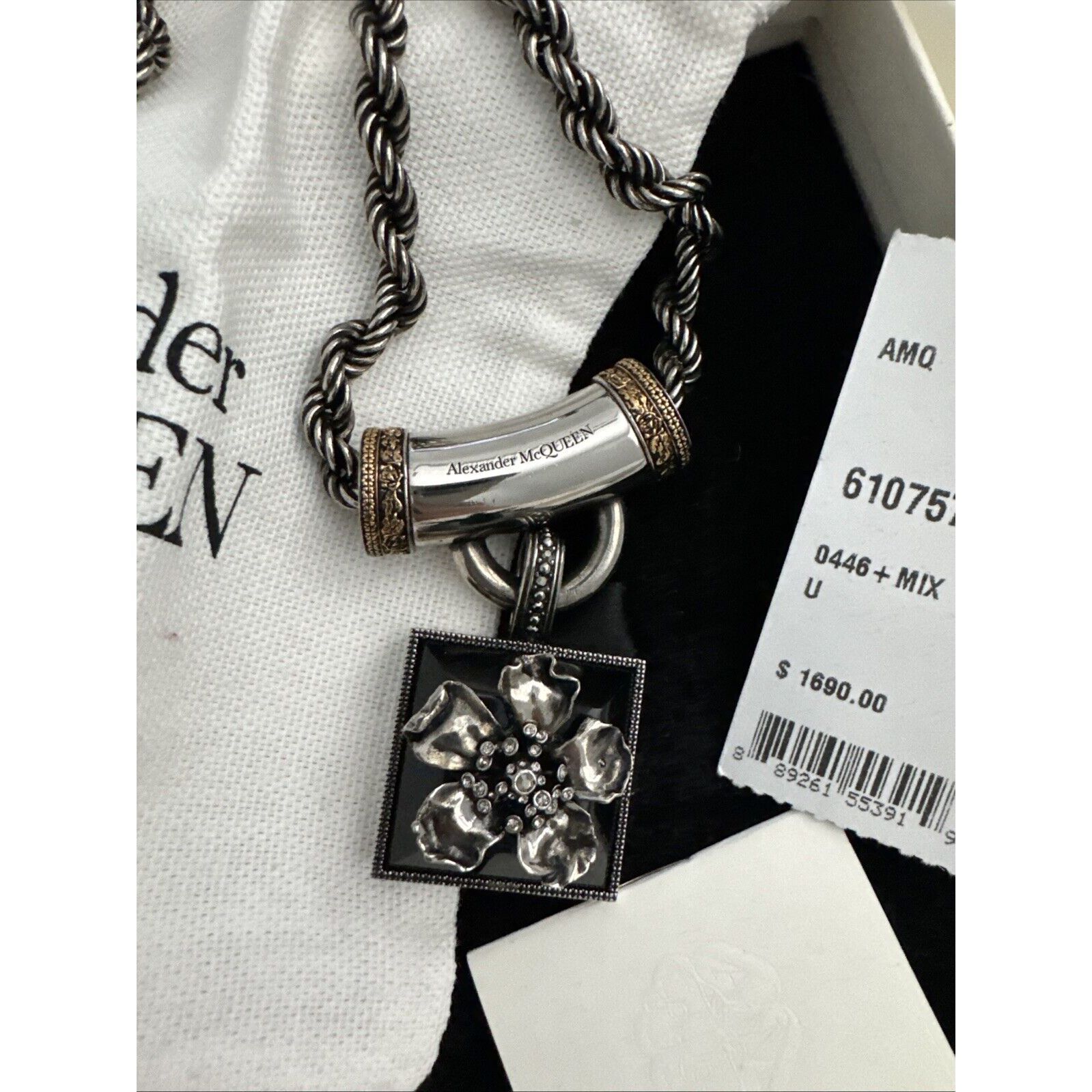 Alexander Mcqueen Silver & Black Floral Pendant Necklace